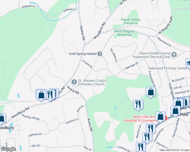 map of restaurants, bars, coffee shops, grocery stores, and more near 185 East Gate Drive in Huntington