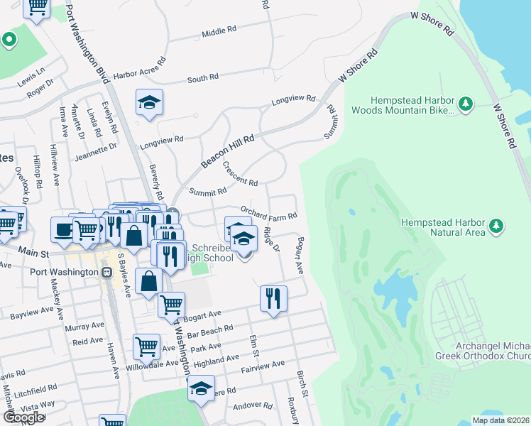 map of restaurants, bars, coffee shops, grocery stores, and more near 6 Sunset Lane in Port Washington