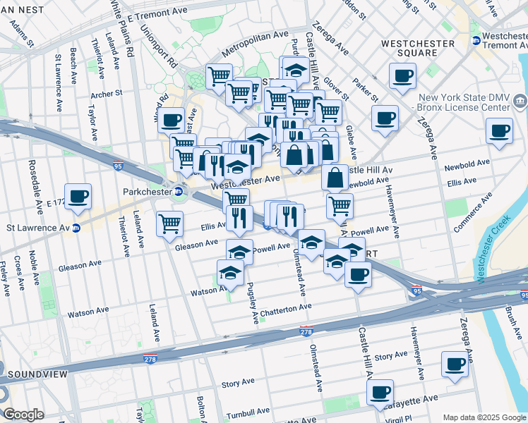 map of restaurants, bars, coffee shops, grocery stores, and more near 2035 Newbold Avenue in Bronx