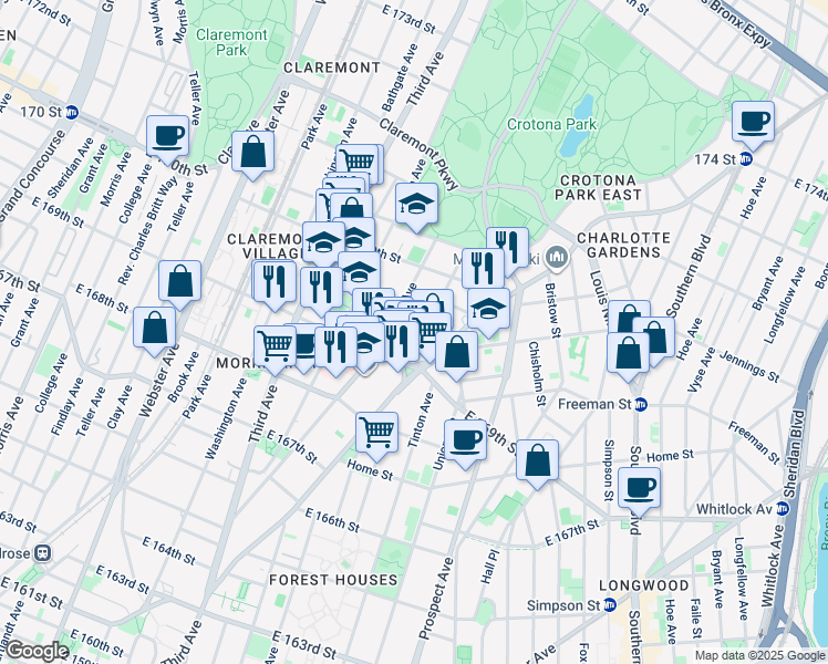 map of restaurants, bars, coffee shops, grocery stores, and more near 1362 Franklin Avenue in The Bronx