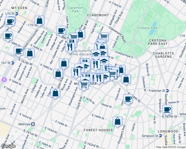 map of restaurants, bars, coffee shops, grocery stores, and more near in The Bronx