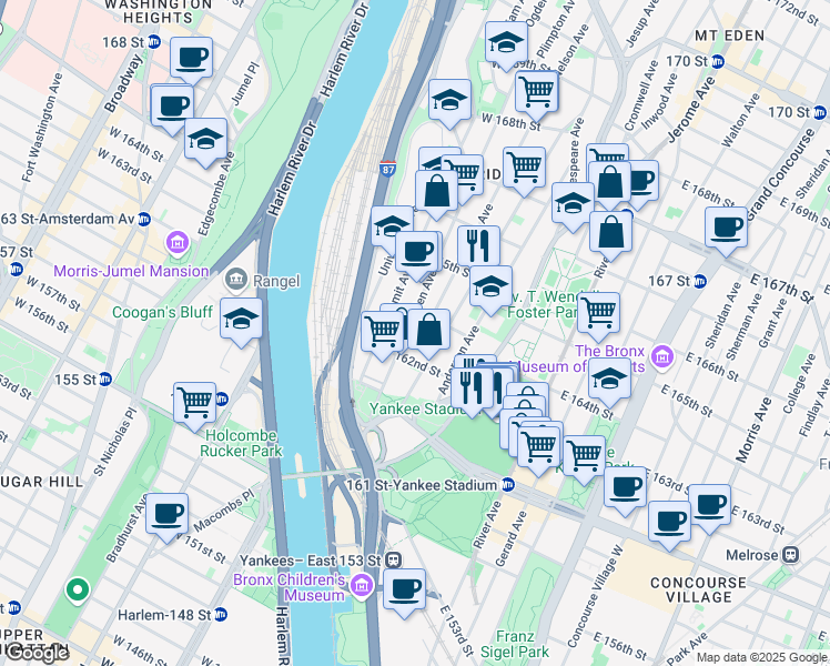 map of restaurants, bars, coffee shops, grocery stores, and more near 1004 Ogden Avenue in The Bronx