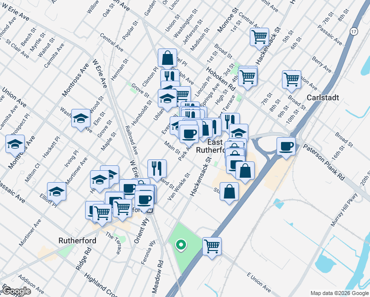 map of restaurants, bars, coffee shops, grocery stores, and more near 119 Park Avenue in East Rutherford