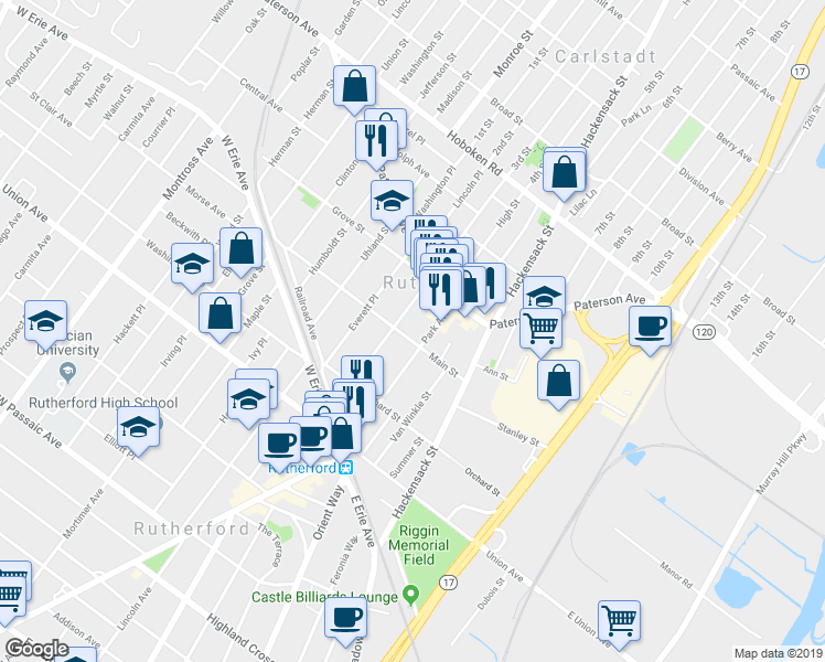 map of restaurants, bars, coffee shops, grocery stores, and more near 135 Boiling Springs Avenue in East Rutherford