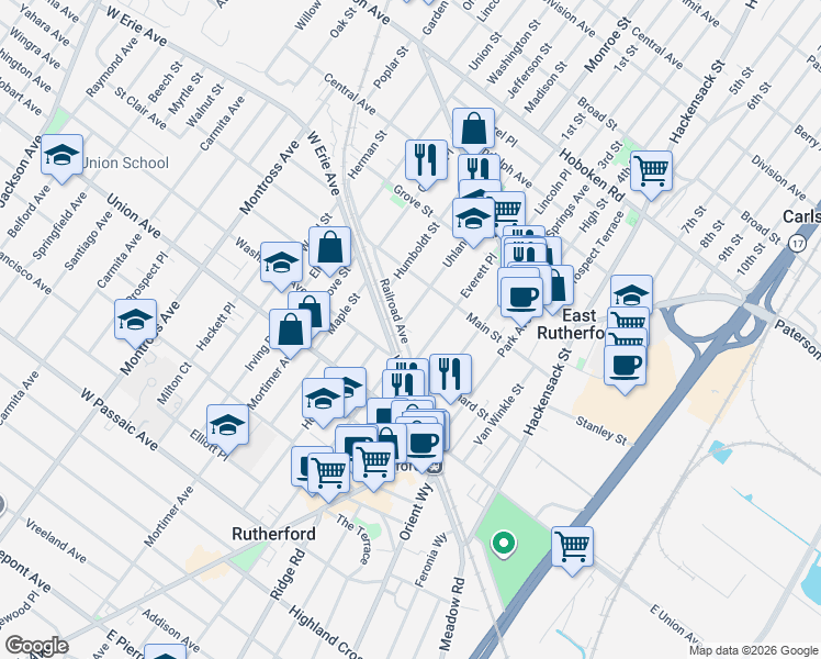 map of restaurants, bars, coffee shops, grocery stores, and more near 182 Uhland Street in East Rutherford