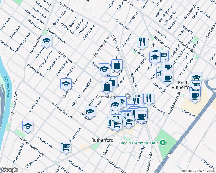 map of restaurants, bars, coffee shops, grocery stores, and more near 89 Wood Street in Rutherford