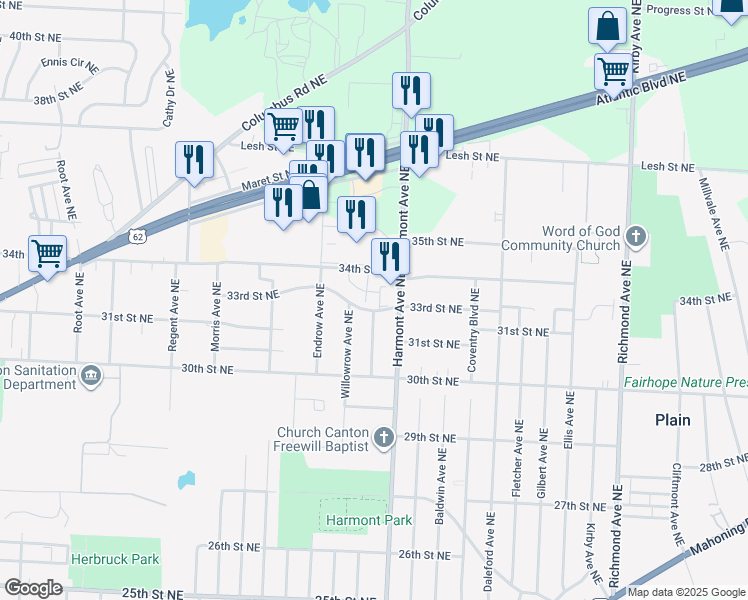 map of restaurants, bars, coffee shops, grocery stores, and more near 3168 34th Street Northeast in Canton