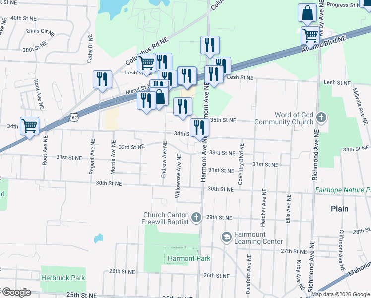 map of restaurants, bars, coffee shops, grocery stores, and more near 3168 34th Street Northeast in Canton