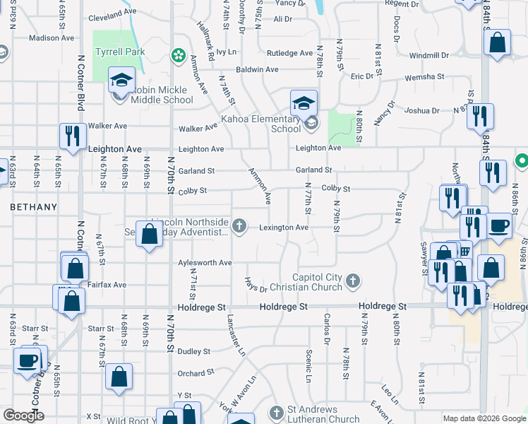 map of restaurants, bars, coffee shops, grocery stores, and more near 2011 Ammon Avenue in Lincoln