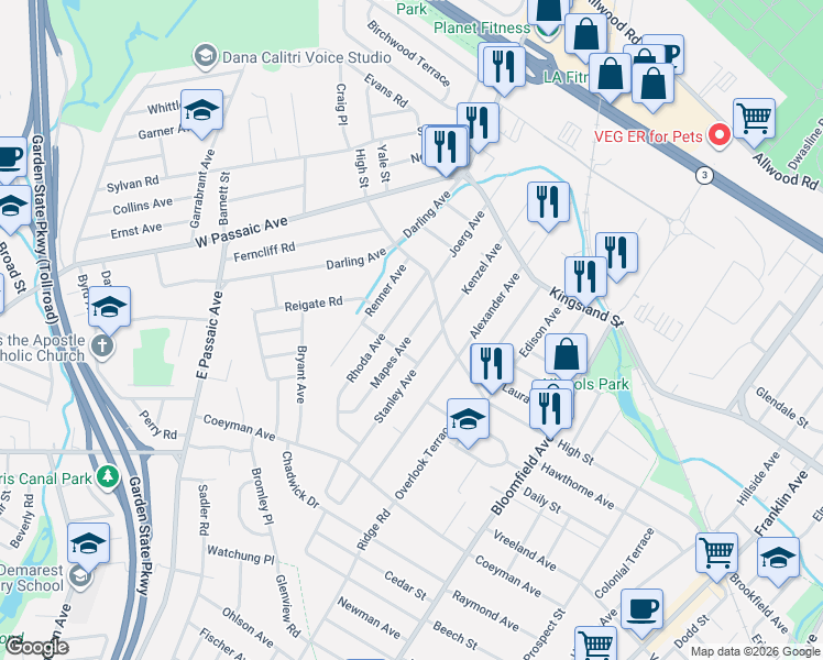 map of restaurants, bars, coffee shops, grocery stores, and more near 39 Rhoda Avenue in Nutley