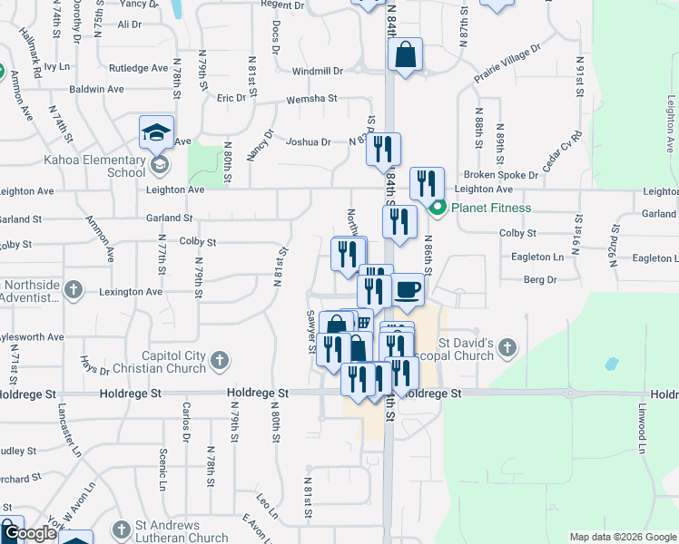 map of restaurants, bars, coffee shops, grocery stores, and more near 2033 Northwoods Drive in Lincoln