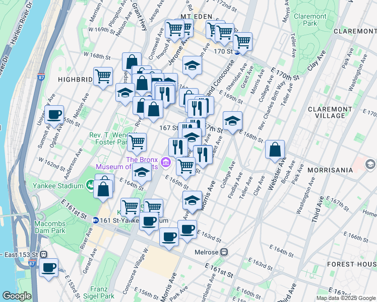 map of restaurants, bars, coffee shops, grocery stores, and more near in Bronx