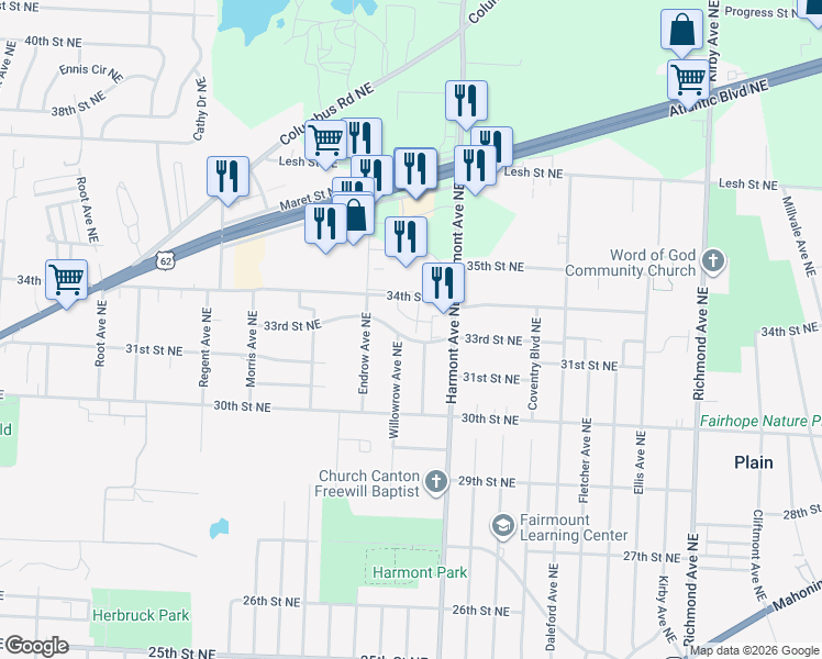 map of restaurants, bars, coffee shops, grocery stores, and more near 3168 34th Street Northeast in Canton