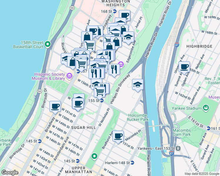 map of restaurants, bars, coffee shops, grocery stores, and more near 940 Saint Nicholas Avenue in New York