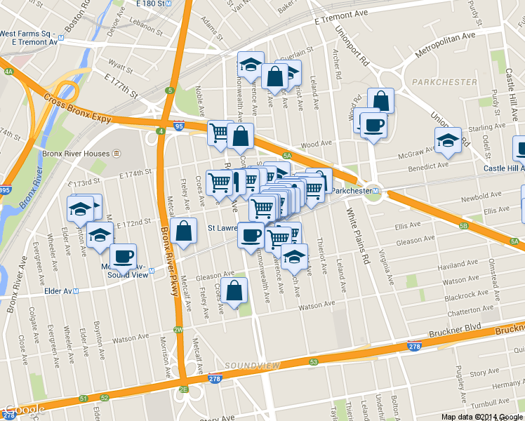 map of restaurants, bars, coffee shops, grocery stores, and more near 1285 Saint Lawrence Avenue in Bronx