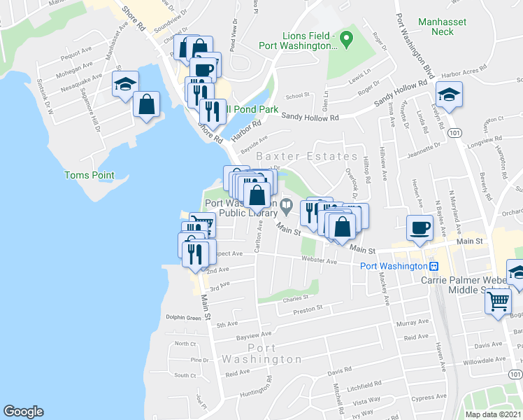 map of restaurants, bars, coffee shops, grocery stores, and more near Main St & Carlton Ave in Port Washington