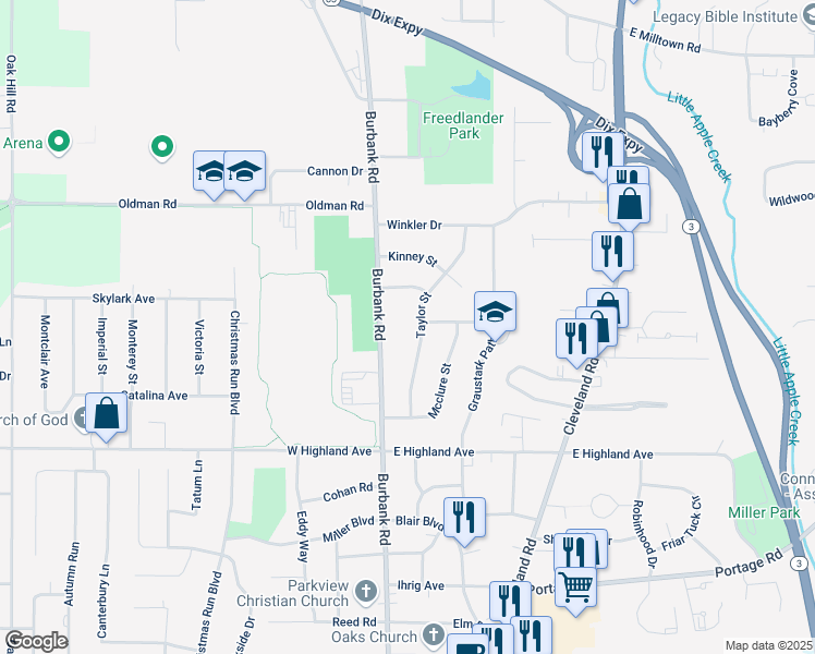 map of restaurants, bars, coffee shops, grocery stores, and more near 2722 Taylor Street in Wooster