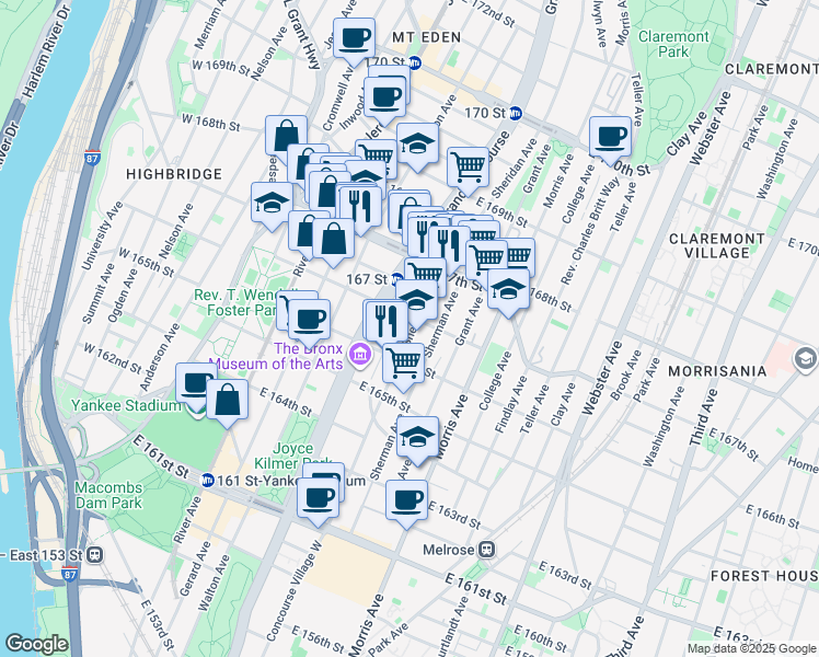 map of restaurants, bars, coffee shops, grocery stores, and more near in The Bronx