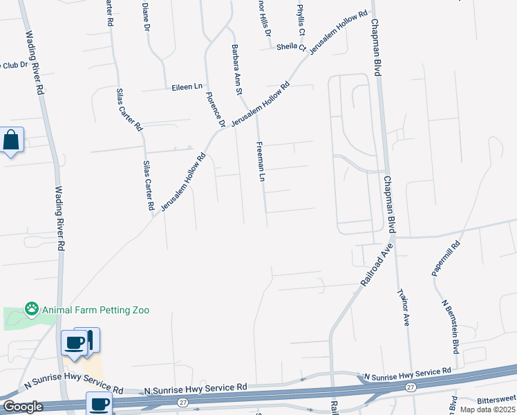 map of restaurants, bars, coffee shops, grocery stores, and more near 77 Freeman Lane in Manorville