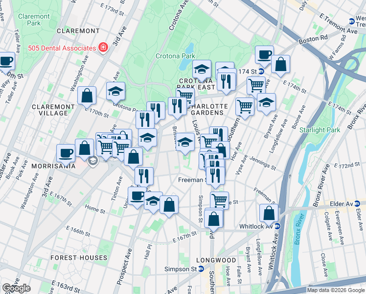 map of restaurants, bars, coffee shops, grocery stores, and more near 1397 Stebbins Avenue in The Bronx