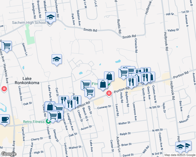 map of restaurants, bars, coffee shops, grocery stores, and more near 1000 Round Pond Road in Lake Ronkonkoma