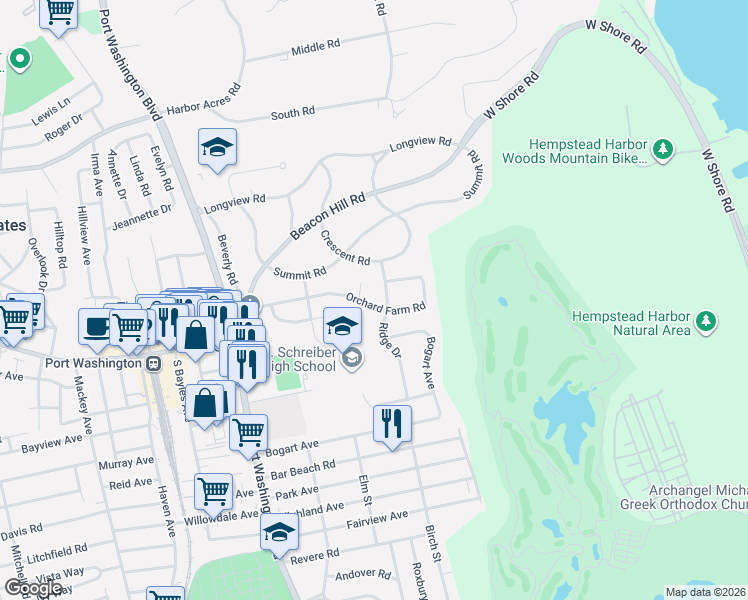 map of restaurants, bars, coffee shops, grocery stores, and more near 6 Sunset Lane in Port Washington
