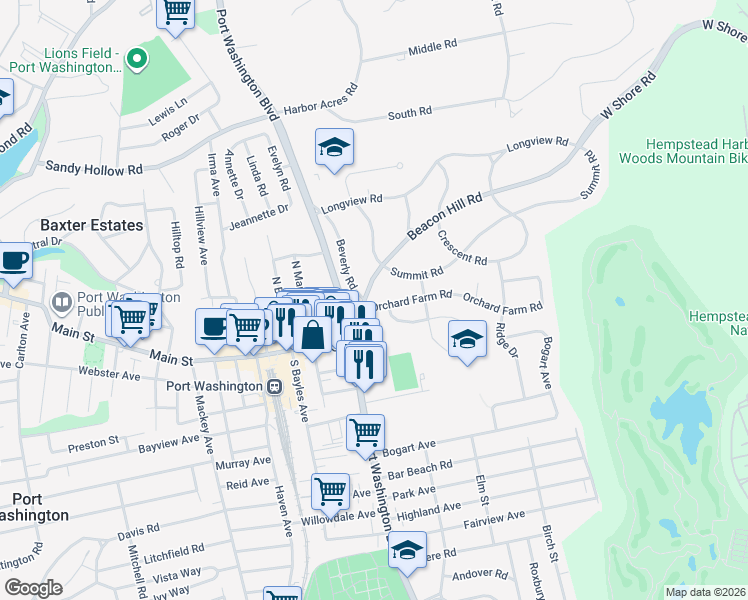 map of restaurants, bars, coffee shops, grocery stores, and more near 6 Beacon Hill Road in Port Washington
