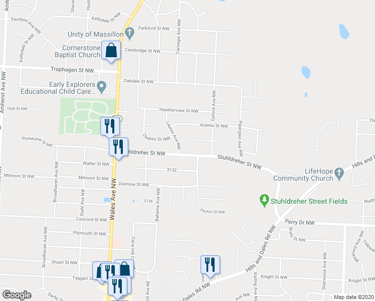 map of restaurants, bars, coffee shops, grocery stores, and more near 7777 Stuhldreher Street Northwest in Massillon
