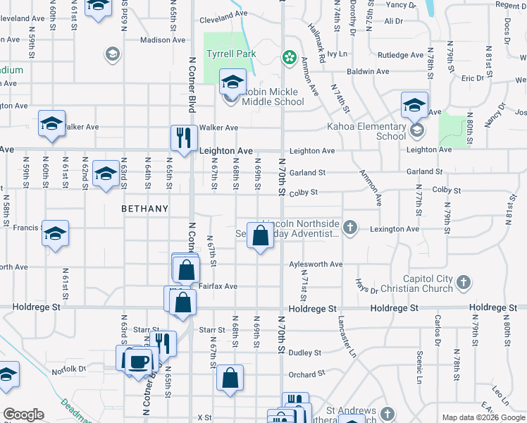 map of restaurants, bars, coffee shops, grocery stores, and more near 6935 Colby Street in Lincoln