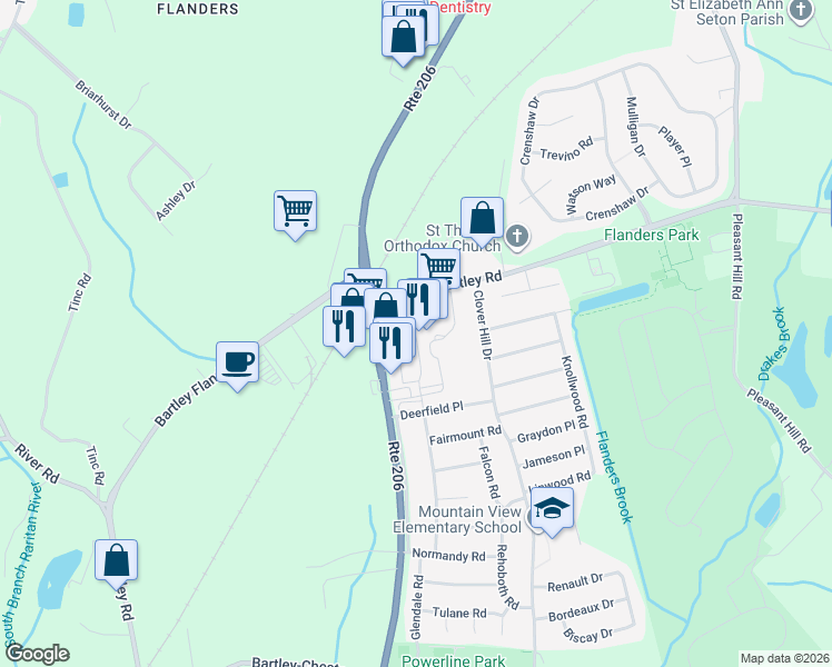 map of restaurants, bars, coffee shops, grocery stores, and more near 293 U.S. 206 in Mount Olive