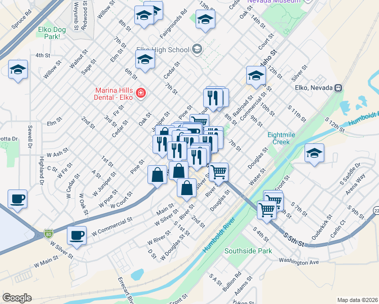 map of restaurants, bars, coffee shops, grocery stores, and more near in Elko