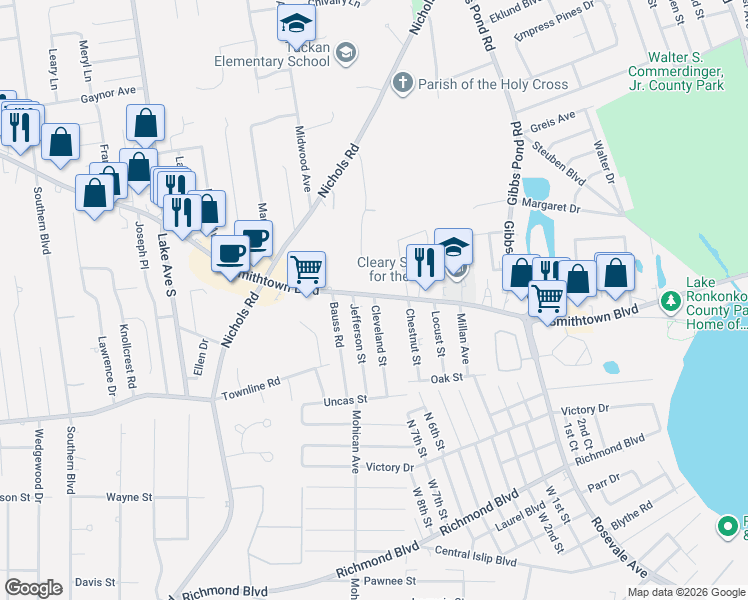 map of restaurants, bars, coffee shops, grocery stores, and more near 279 Smithtown Boulevard in Nesconset