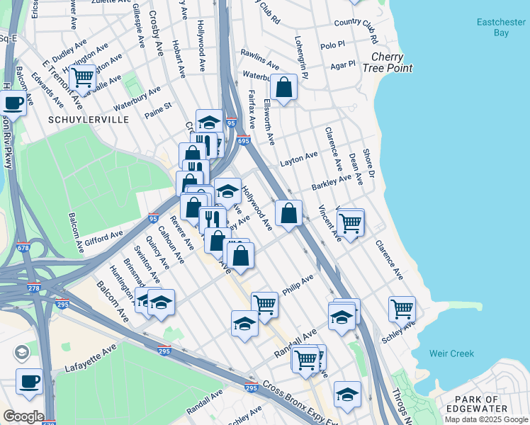 map of restaurants, bars, coffee shops, grocery stores, and more near 3065 Barkley Avenue in The Bronx
