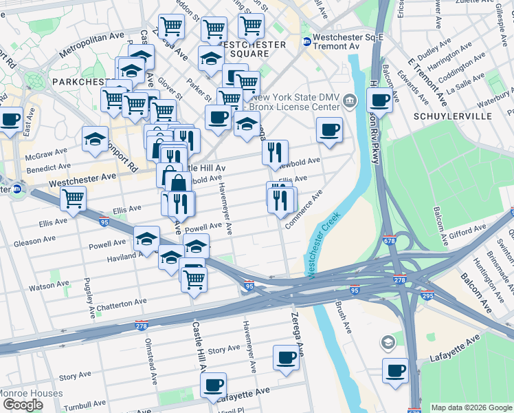 map of restaurants, bars, coffee shops, grocery stores, and more near 2338 Ellis Avenue in Bronx