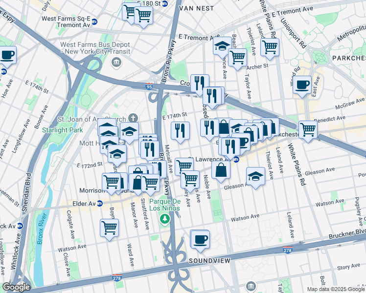 map of restaurants, bars, coffee shops, grocery stores, and more near 1328 Fteley Avenue in Bronx