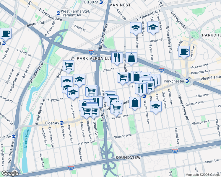 map of restaurants, bars, coffee shops, grocery stores, and more near 1328 Fteley Avenue in Bronx