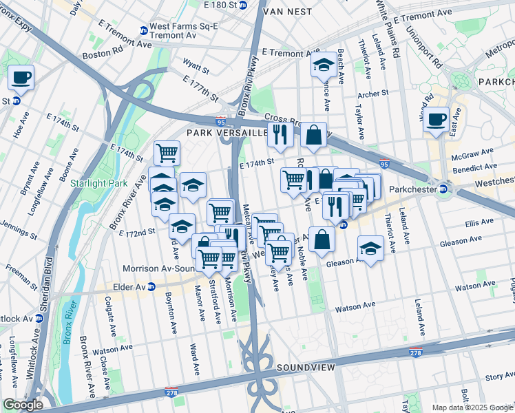 map of restaurants, bars, coffee shops, grocery stores, and more near 1328 Fteley Avenue in Bronx