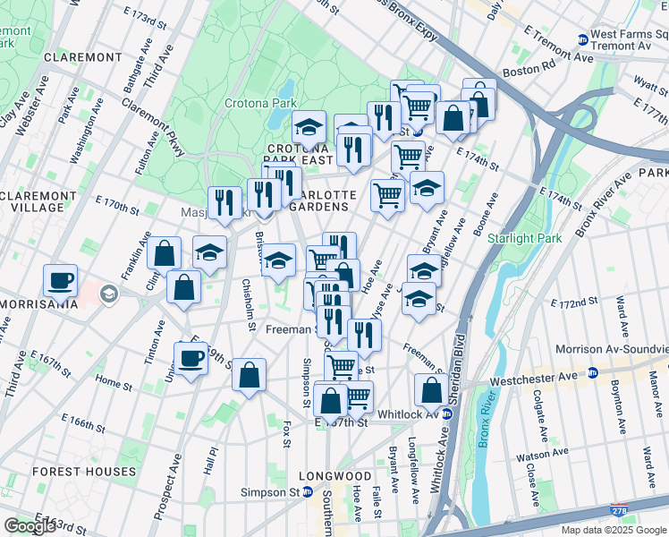 map of restaurants, bars, coffee shops, grocery stores, and more near 1421 Minford Place in Bronx