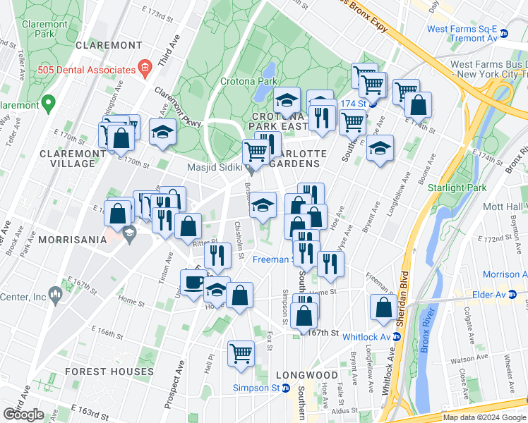 map of restaurants, bars, coffee shops, grocery stores, and more near 1397 Stebbins Avenue in The Bronx