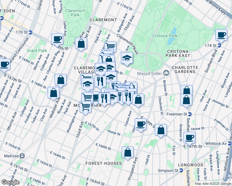 map of restaurants, bars, coffee shops, grocery stores, and more near 1344 Fulton Avenue in The Bronx