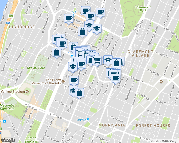 map of restaurants, bars, coffee shops, grocery stores, and more near 1179 Grant Avenue in Bronx