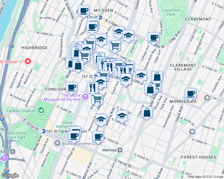 map of restaurants, bars, coffee shops, grocery stores, and more near 1179 Grant Avenue in Bronx