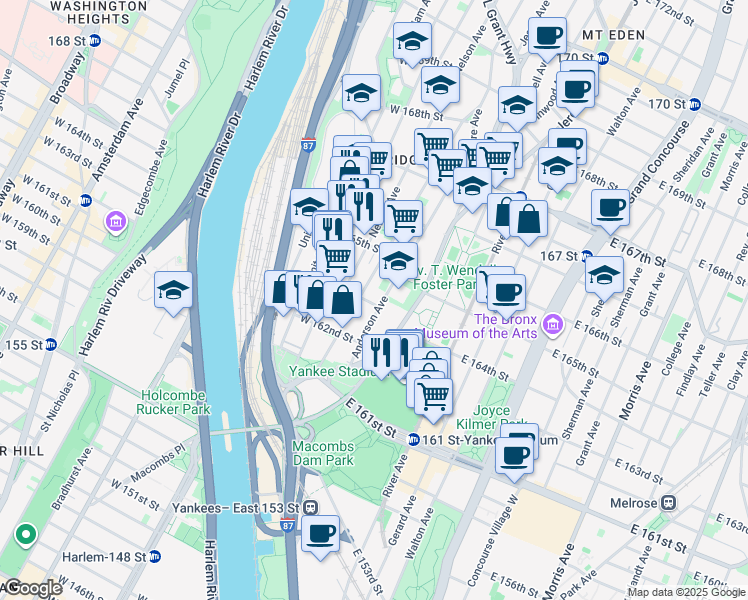 map of restaurants, bars, coffee shops, grocery stores, and more near 1016 Woodycrest Avenue in The Bronx