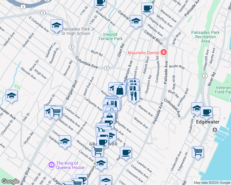 map of restaurants, bars, coffee shops, grocery stores, and more near 800 Glen Road in Fort Lee