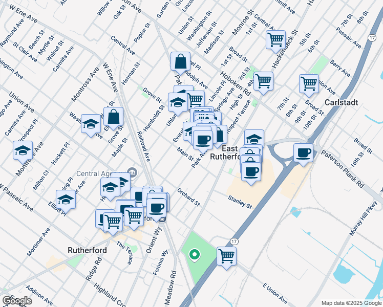 map of restaurants, bars, coffee shops, grocery stores, and more near 135 Boiling Springs Avenue in East Rutherford