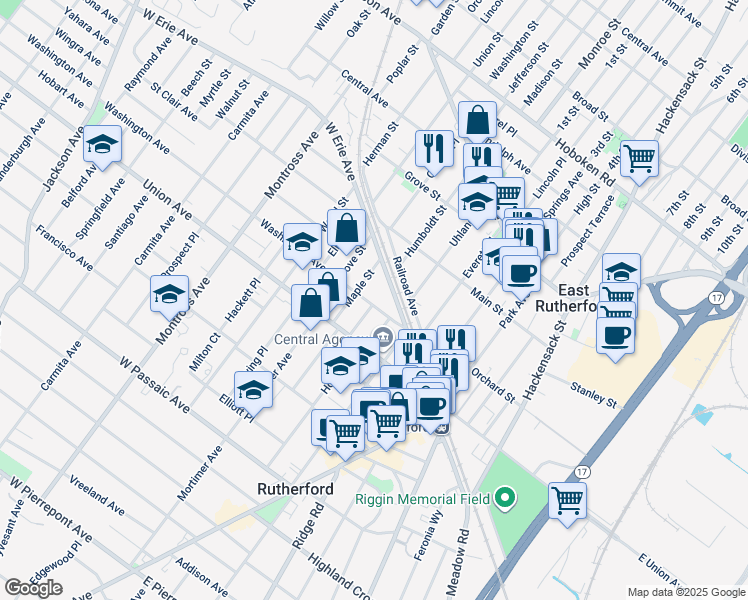 map of restaurants, bars, coffee shops, grocery stores, and more near 64 West Erie Avenue in Rutherford