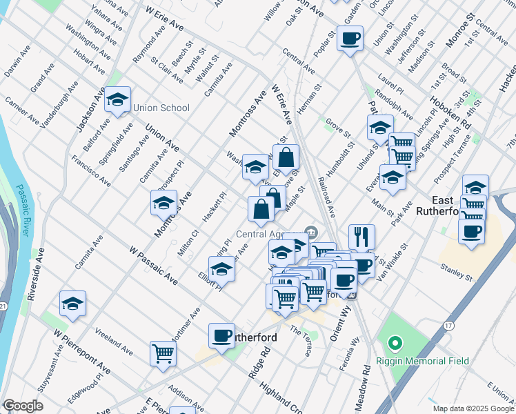 map of restaurants, bars, coffee shops, grocery stores, and more near 79 Washington Avenue in Rutherford