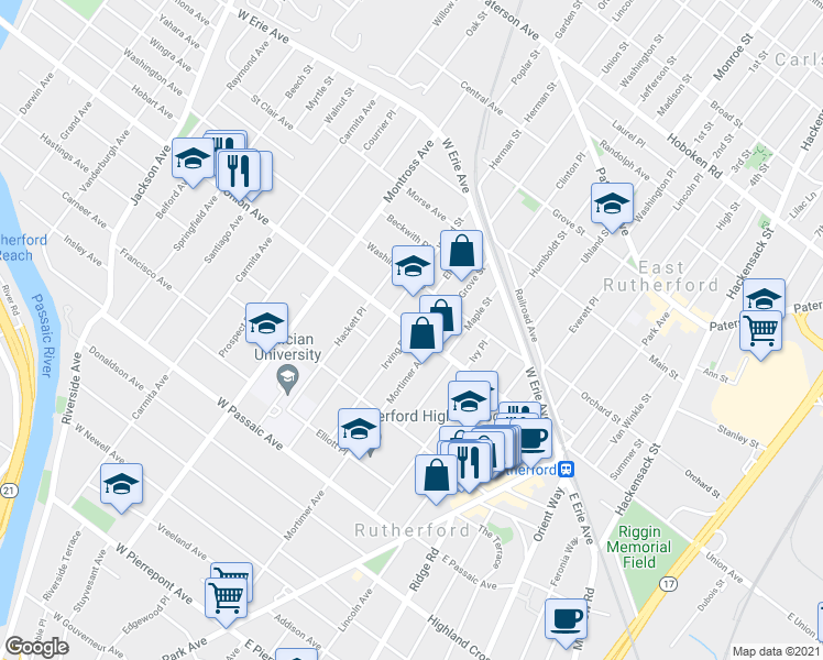 map of restaurants, bars, coffee shops, grocery stores, and more near 162 Union Avenue in Rutherford