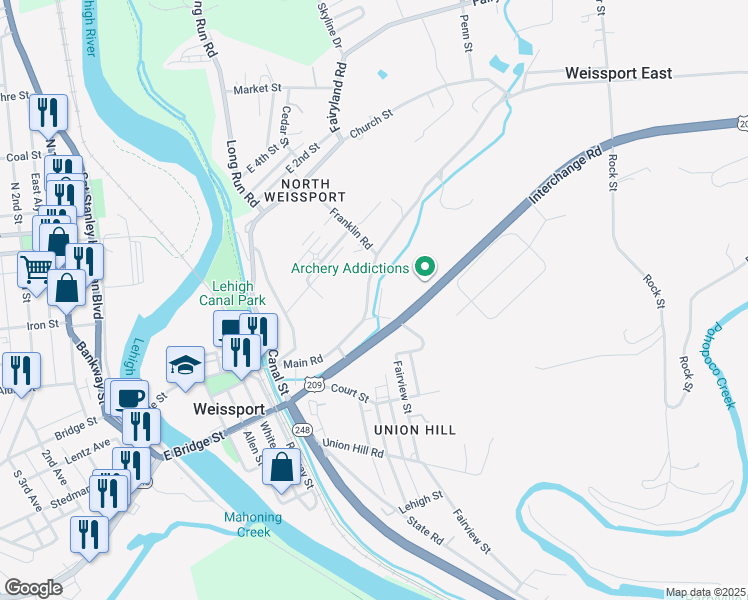 map of restaurants, bars, coffee shops, grocery stores, and more near 376 Main Road in Lehighton