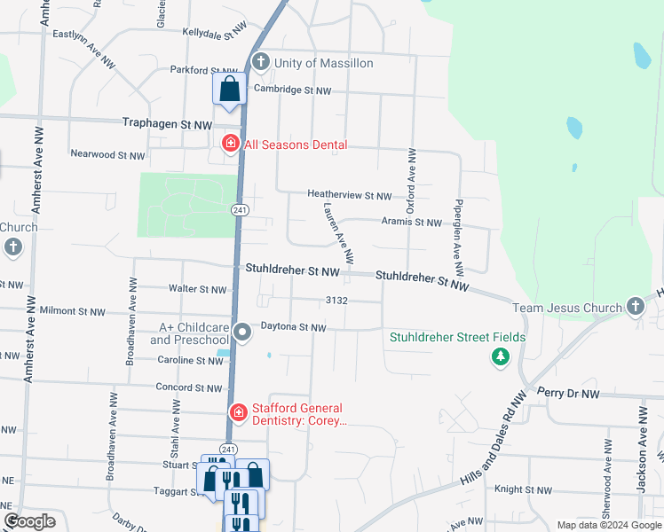 map of restaurants, bars, coffee shops, grocery stores, and more near 7870 Chablis Drive Northwest in Massillon